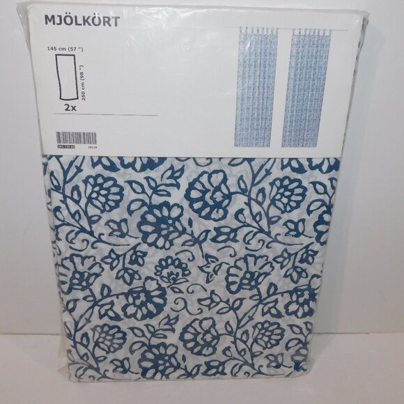 IKEA Mjolkort Tab Top Floral Curtain Panels 57 x 98 Blue/White NEW in Package - Picture 1 of 6